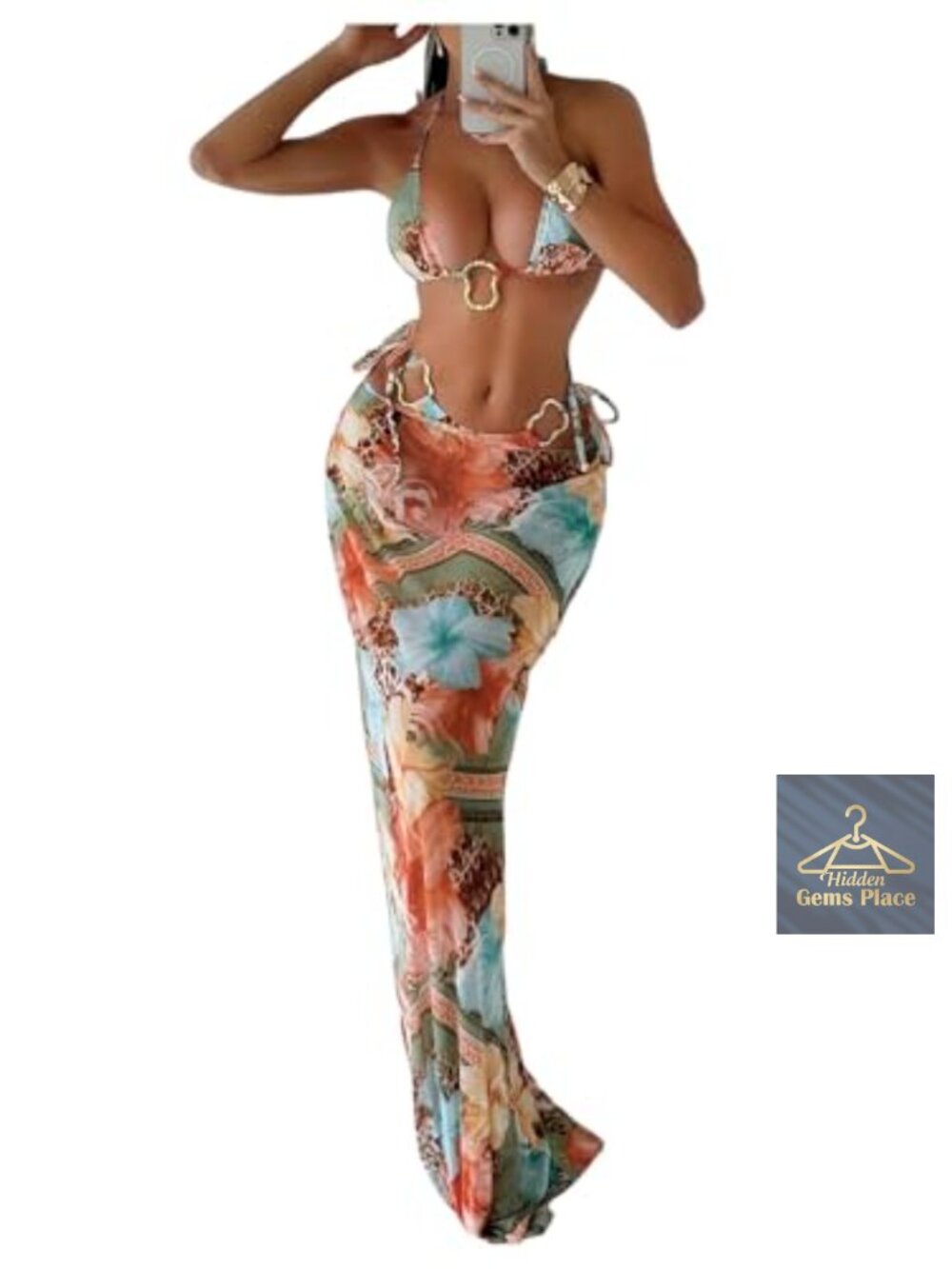 3 Piece Floral Leopard Halter Bikini Set with Coverup Maxi Skirt
